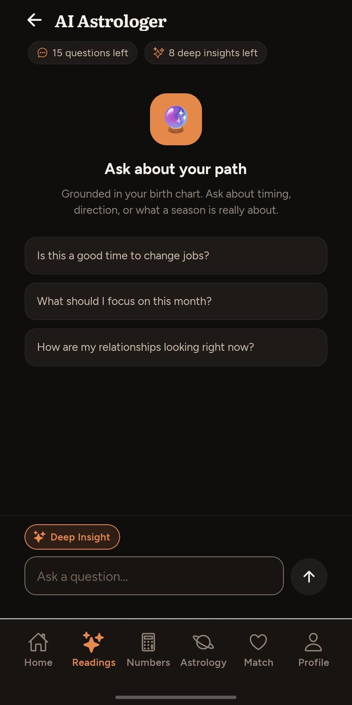 The Revelia AI astrologer screen, showing a question box with example prompts about job timing, monthly focus and relationships, above a count of questions and deep insights left.