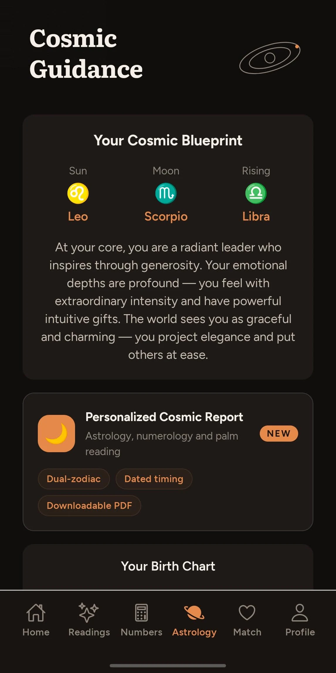 The Revelia astrology screen, showing Sun, Moon and Rising placements above a written cosmic blueprint, with a personalised cosmic report row and a birth chart section below.