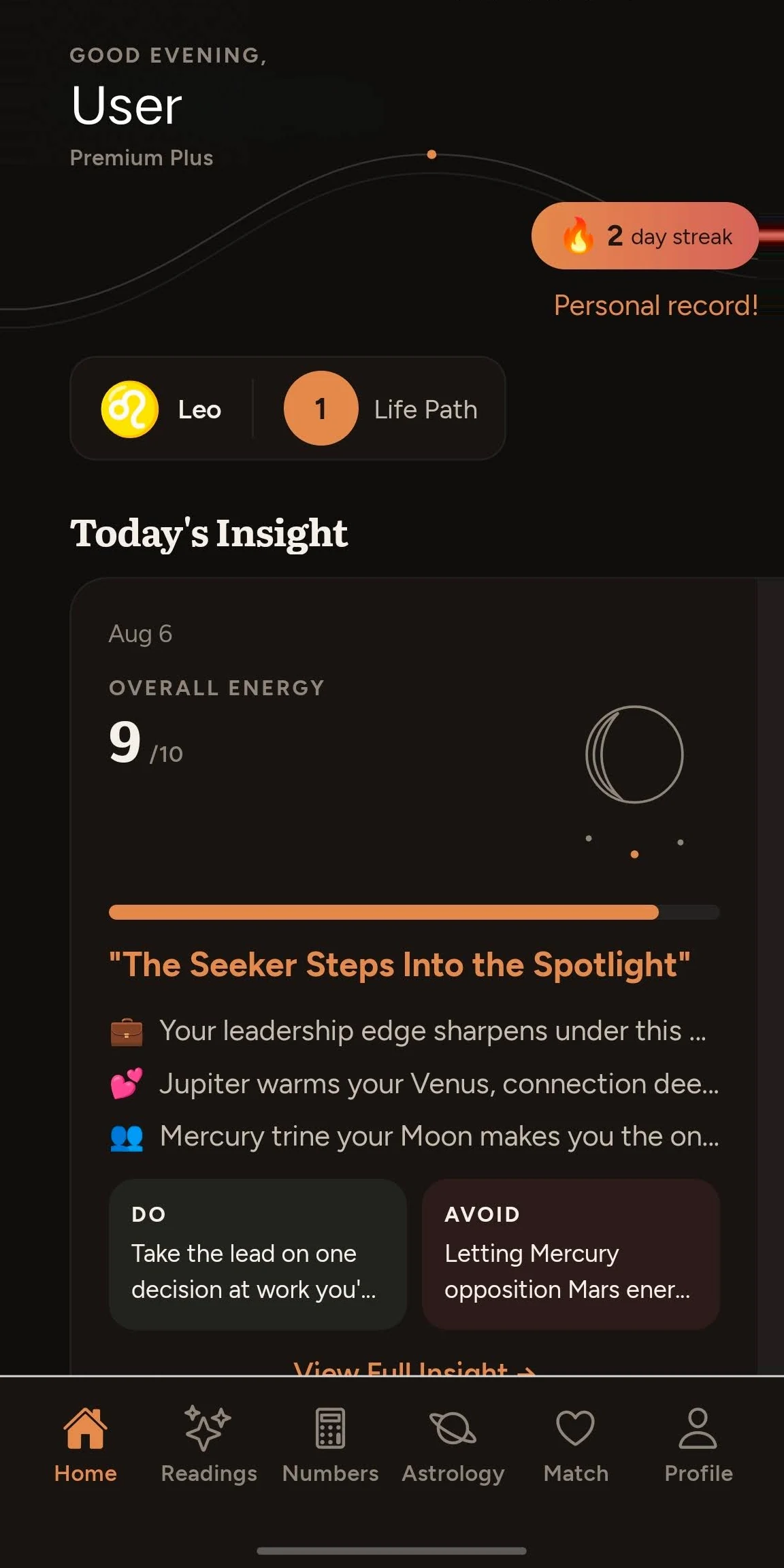 The Revelia home screen, showing a two-day streak, a Today's Insight panel with an overall energy score of nine out of ten, and Do and Avoid notes.