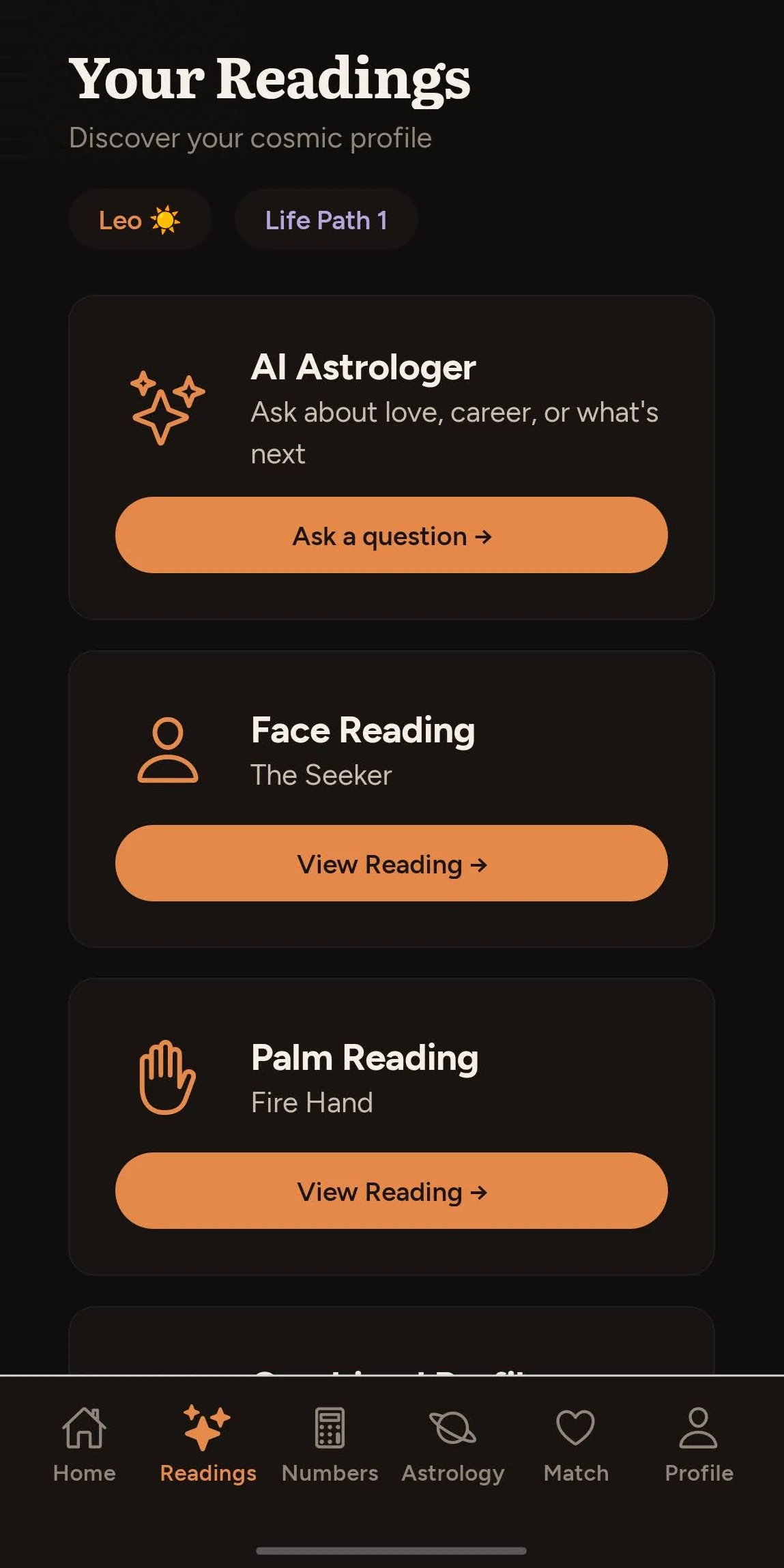 The Revelia readings list, showing AI Astrologer, Face Reading and Palm Reading cards, each with its own button.