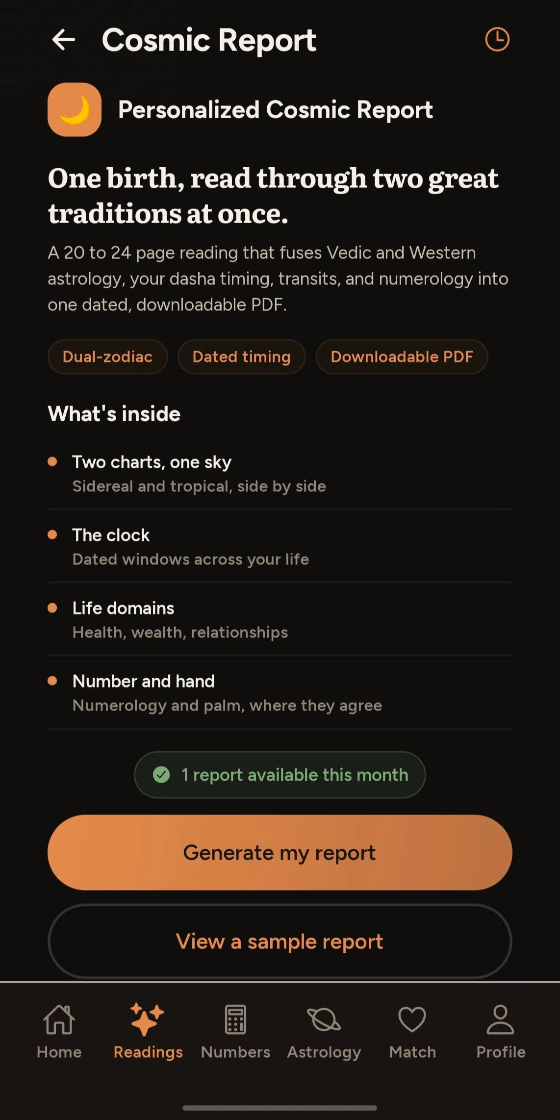 The Revelia cosmic report screen, describing a downloadable PDF report and listing what is inside it, with buttons to generate a report or view a sample.